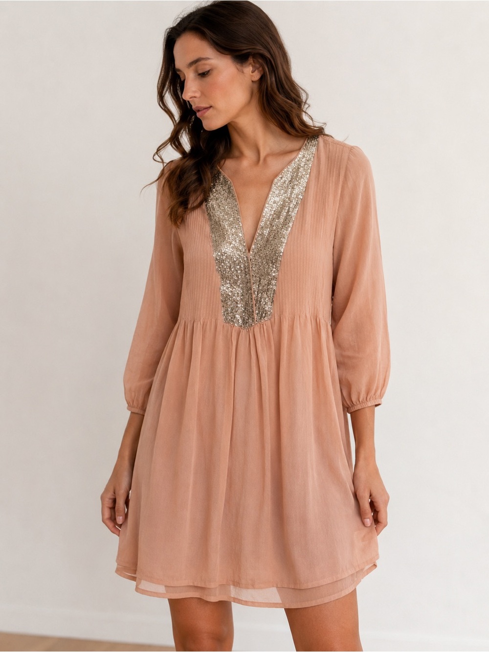 French Connection blush pink  Sequin Trim Tunic empire Silk Dress women’s sz 10